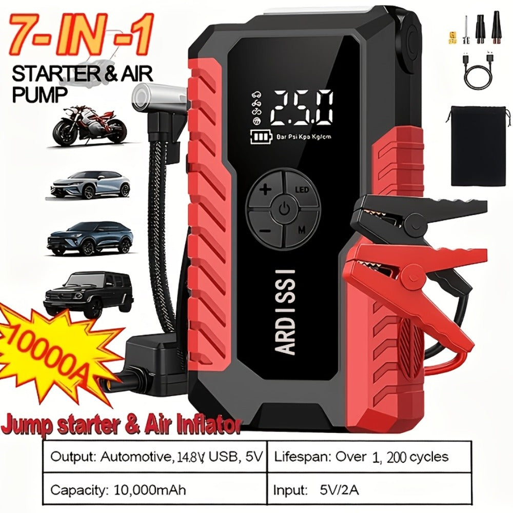 5-in-1 Jump Starter 5000A Peak – 10000mAh Power Bank, 150PSI Air Inflator, Type-C & LED Emergency Light for 12V Gas & Diesel 