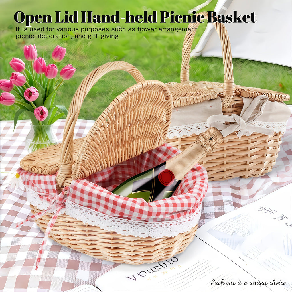 Covered Wicker Picnic Hamper with Twin Lid Panels in Red Plaid or Daisy Pattern Textile Styles — image 1