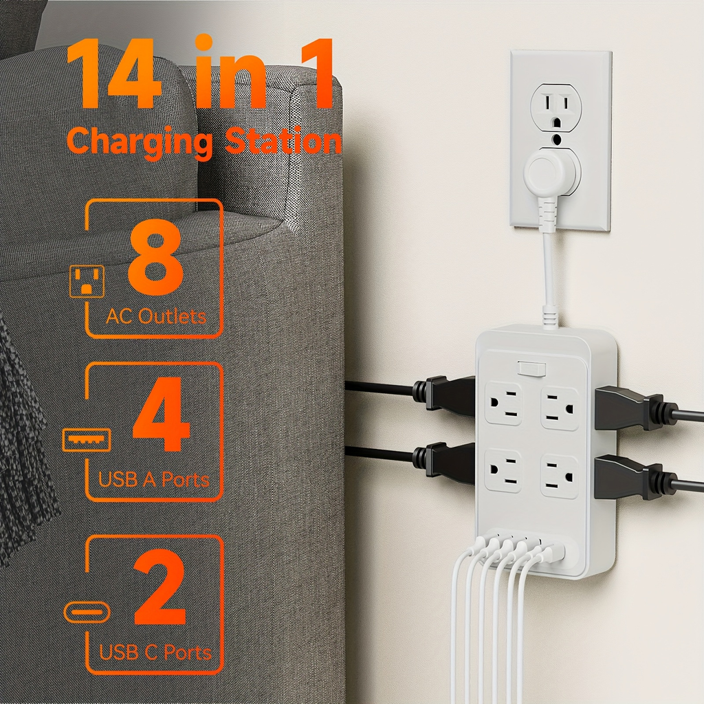 Power Strip Flat Plug with 6 AC Outlets, 2 USB-A, 2 USB-C and 3-Inch, 5-Foot or 10-Foot Cord Options — image 11