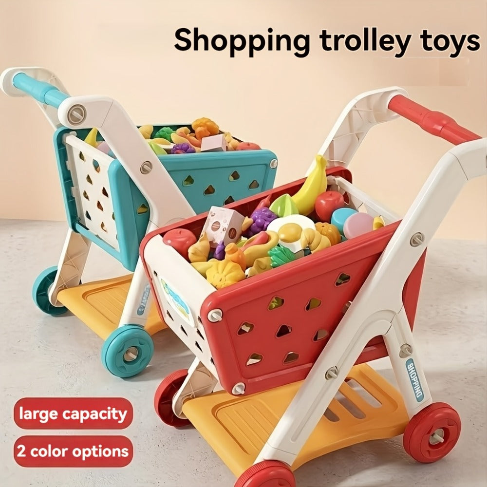 Kids Pretend Play Shopping Cart Toy Set with Realistic Food & Grocery Accessories, Supermarket Role Play for Toddlers Girls B
