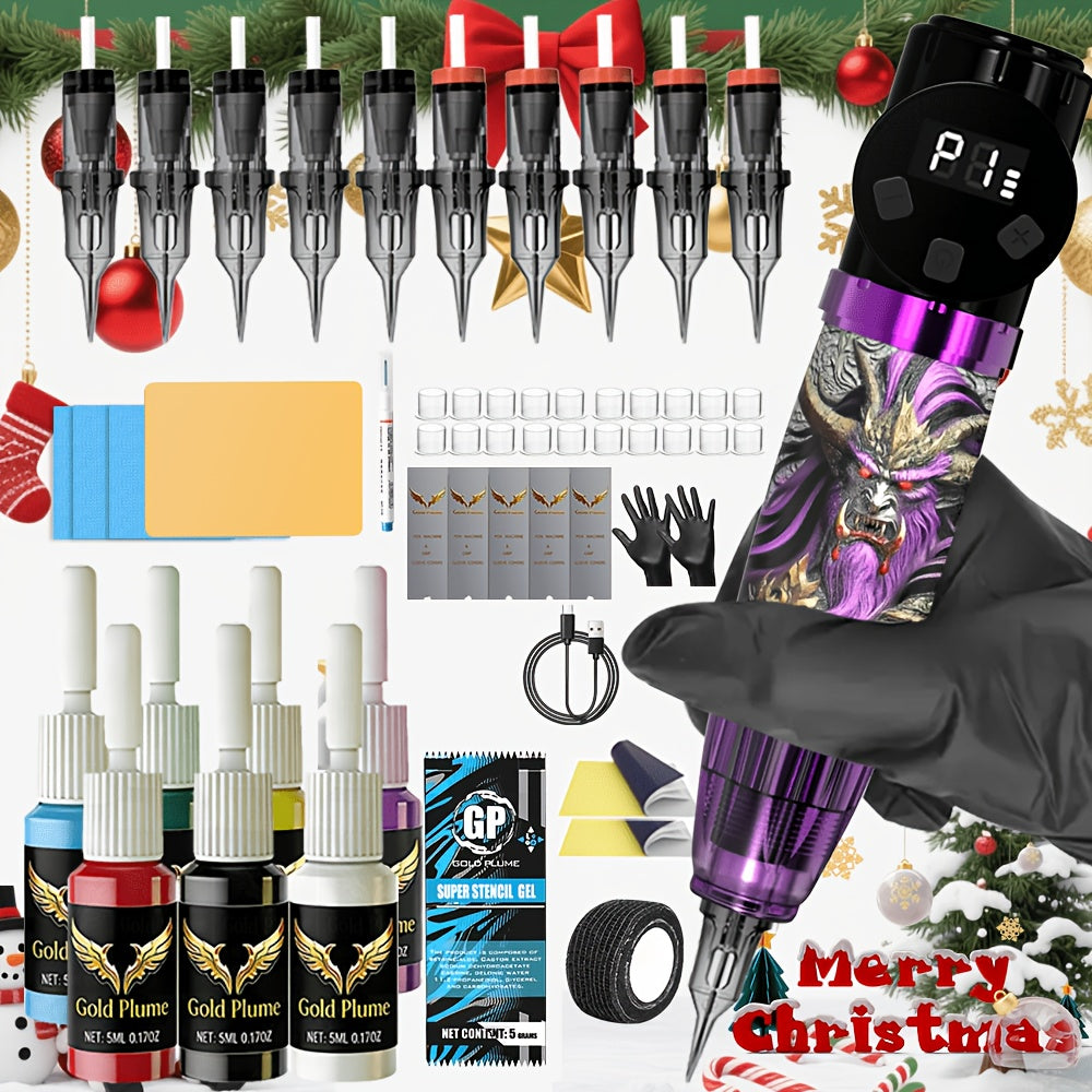 Tattoo Gun Kit Complete Set GOLDPLUME Cordless Rotary Machine 1500mAh Power Supply for Temporary Body Art, Festivals and Cost