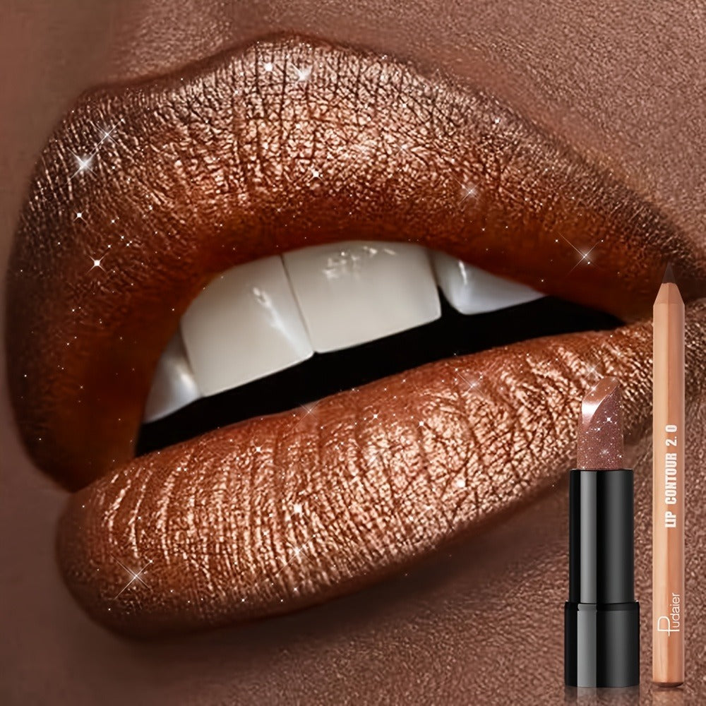 Golden Lipstick Set with Lip Liner Pencil 2 Piece, Brown Shimmer Lipstick and Nude Lip Liner — image 1