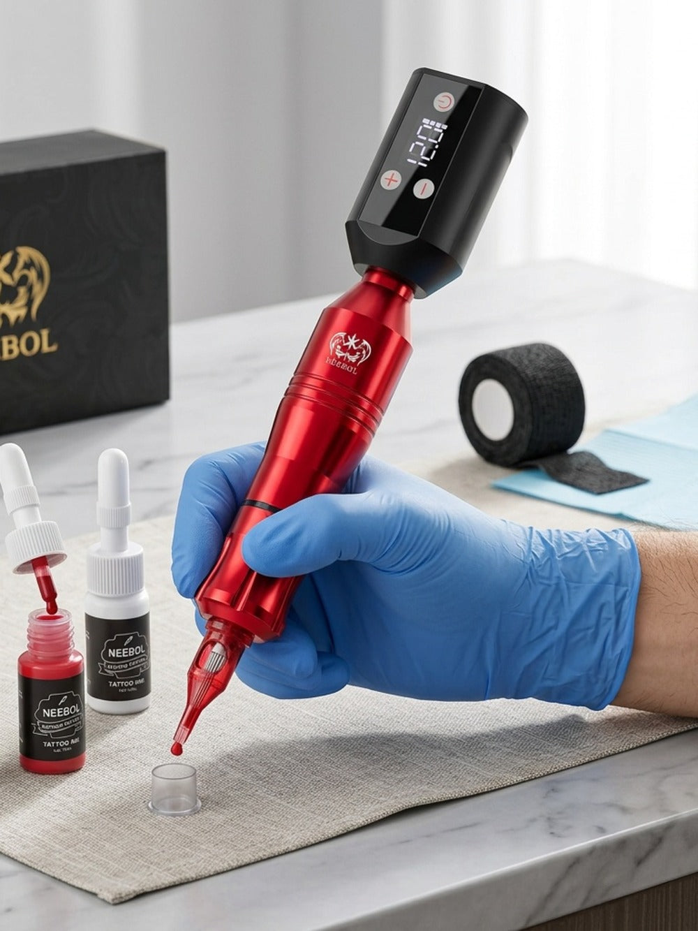 Tattoo Machine Kit Neebol Wireless Pen with Screen Display, 10 Cartridges, 7 Inks and Four Color or Pro Options — image 9