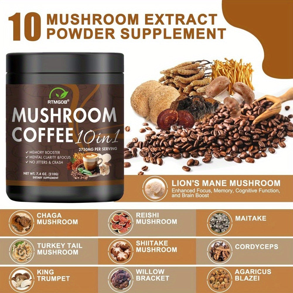 Mushroom Coffee Blend Powder 210g, Instant Coffee with Lion's Mane, Reishi, Cordyceps, Chaga & Chanterelle — image 7