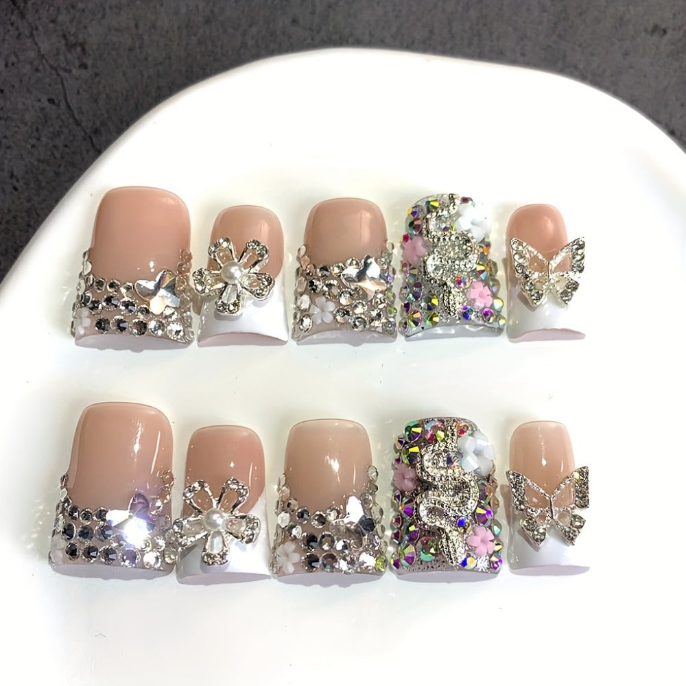 Press On Nails 10-Piece Duckbill Acrylic Set with White French, Floral and AB Shimmer Designs in S, M or L — image 7