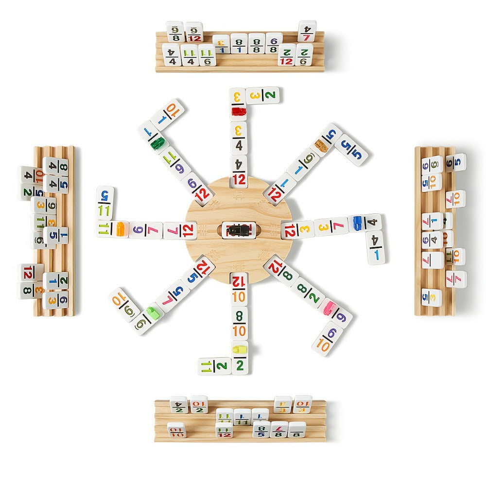 Mexican Train Dominoes Double 12 Set – 91 Colorful Tiles, 9 Metal Trains & 4 Wooden Racks, Complete Strategy Board Game with 