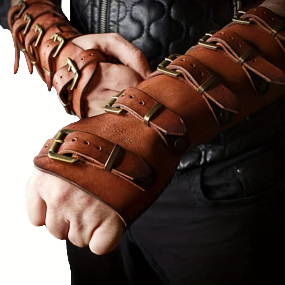 Embossed Fantasy Arm Bracer Pair in Brown with Buckle Straps for Medieval and Archer Costumes — image 8