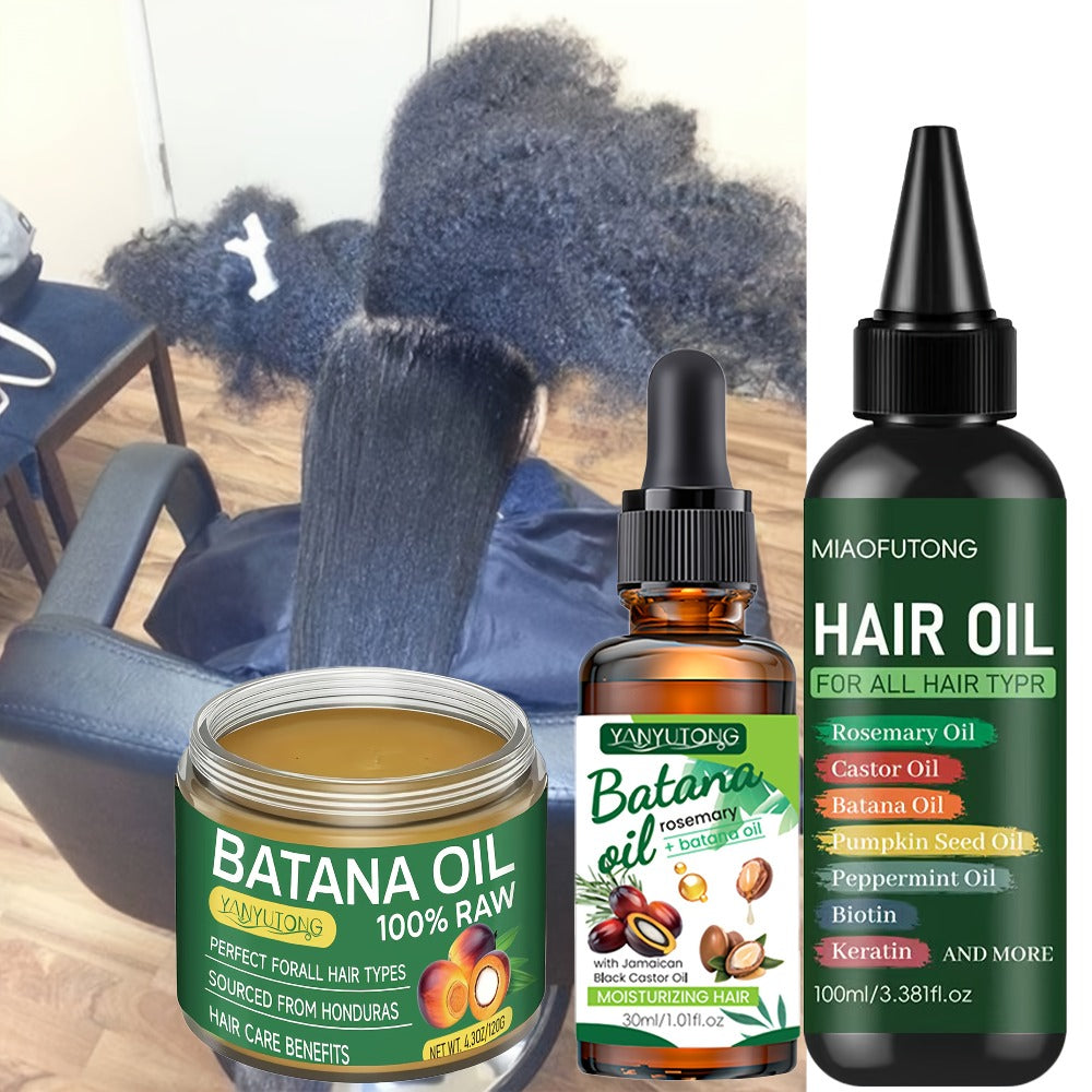 Biotin Hair Oil 3-Piece Set with Cold-Pressed Bataina Oil Essential Oil & Conditioner, Strengthens Breakage Split Ends Enhanc