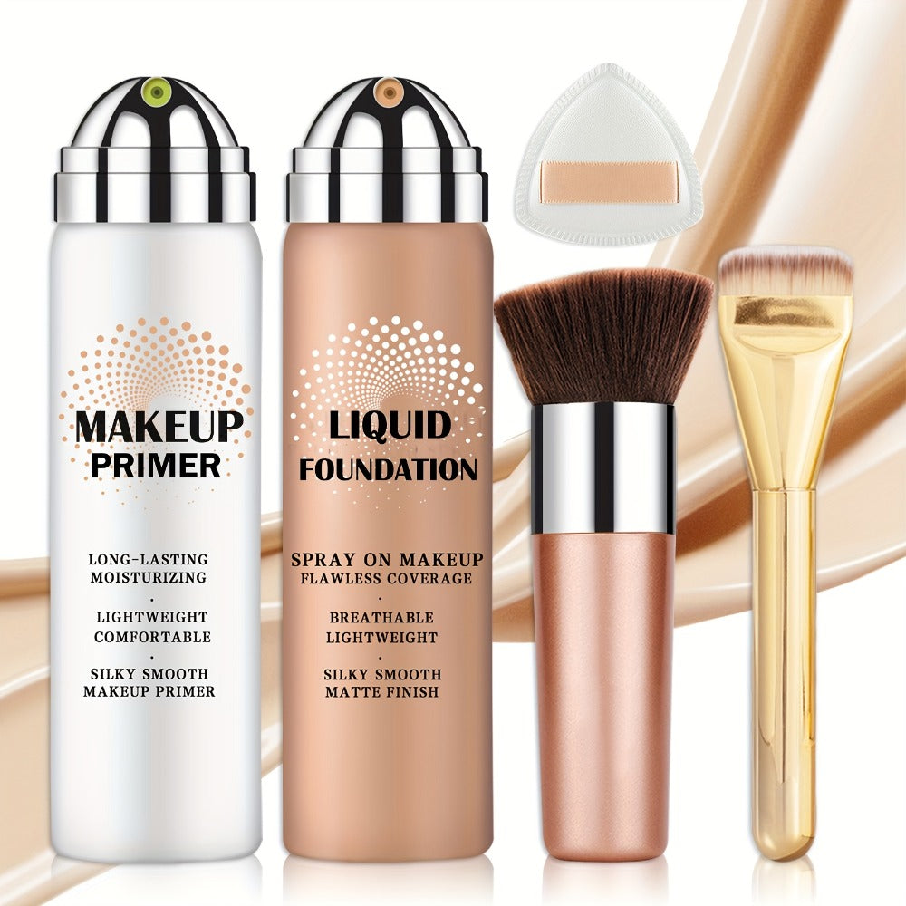 Liquid Foundation & Primer Set for Mature Skin 3-in-1 CC Cream BB Cream Silky Smooth Formula, for Makeup, Travel and Everyday