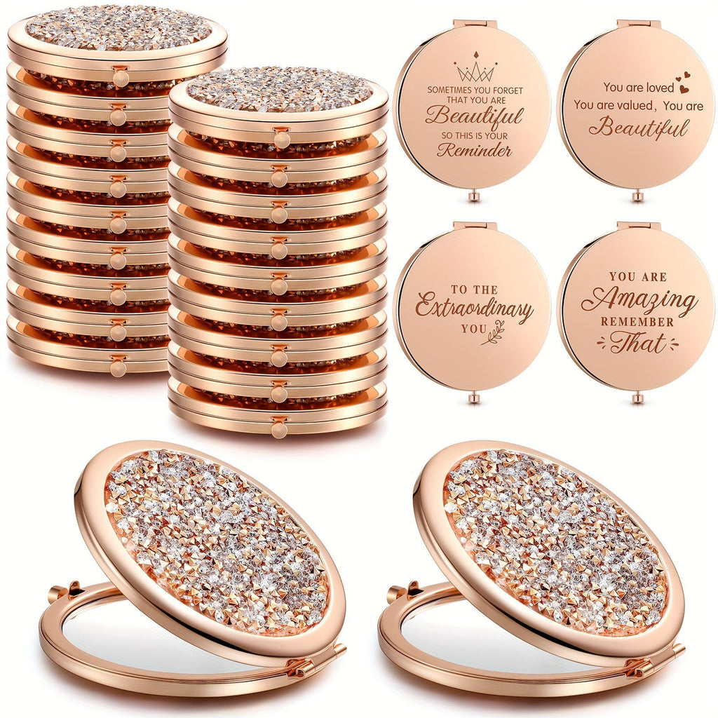 16-Piece Rose-Gold Rhinestone Compact Mirror Set with Engraved Messages and 2X Magnifying View — image 6