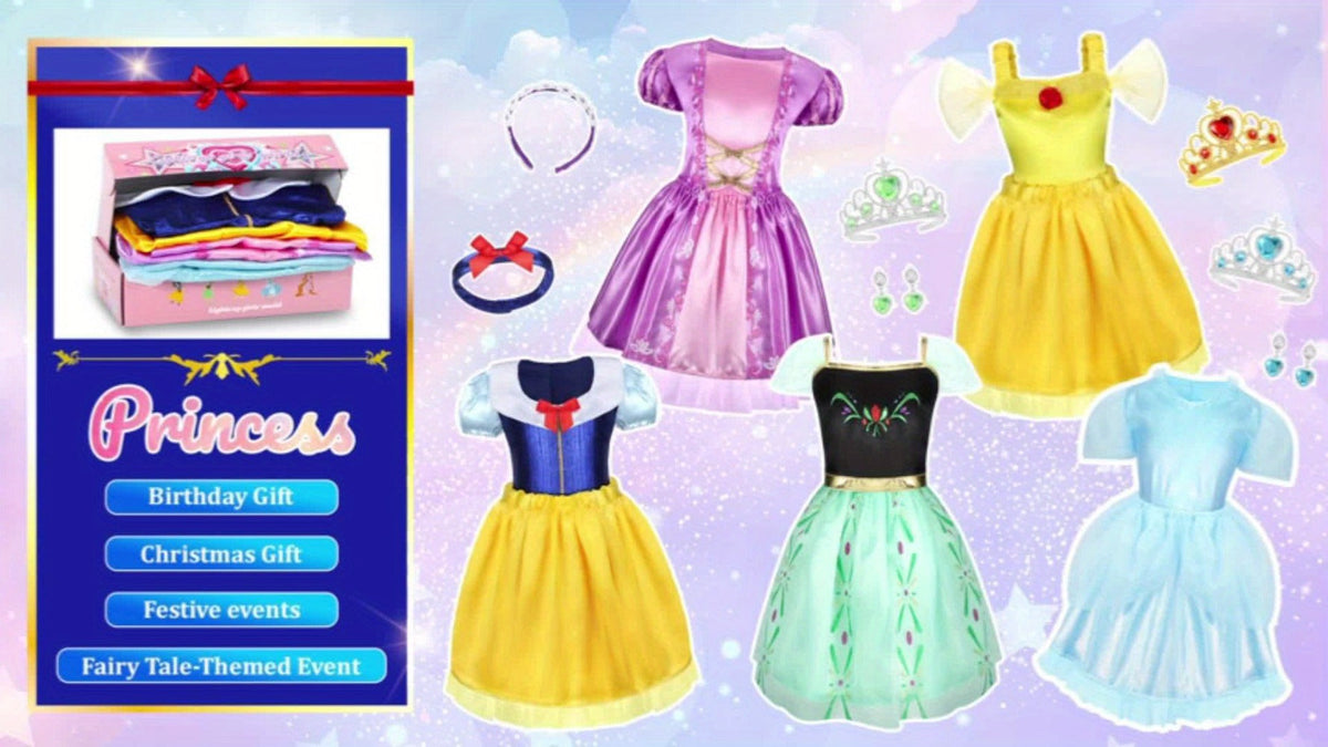Girls Princess Dress Up Costume Set 14pcs, 5 Role Play Outfits with Crowns, Earrings & Storage Box — image 13