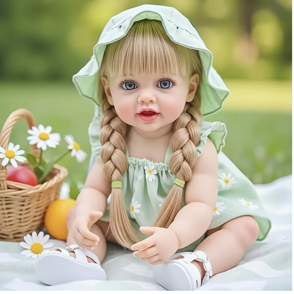 Reborn Baby Doll 22-Inch Full Vinyl Design with Long Blonde Hair, Open Eyes, Green Outfit and Accessories — image 9