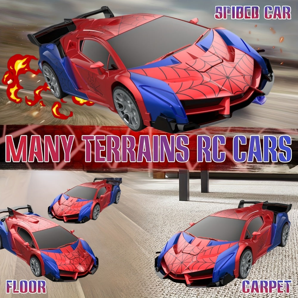 Remote Control Car, Spider-Man Pattern 1:18 Transforming Robot Vehicle with One-Button Change, LED Lights and Three Colors — 