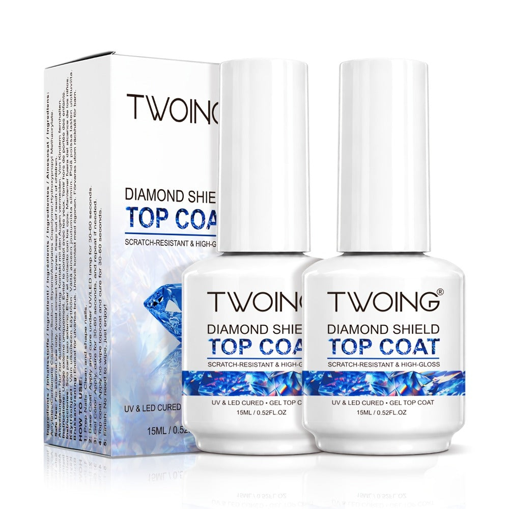 No-Wipe Gel Top Coat 2-Pack Diamond Shine High Gloss – LED Soak-Off Nail Sealer, Long-Lasting Scratch-Resistant Crystal Clear