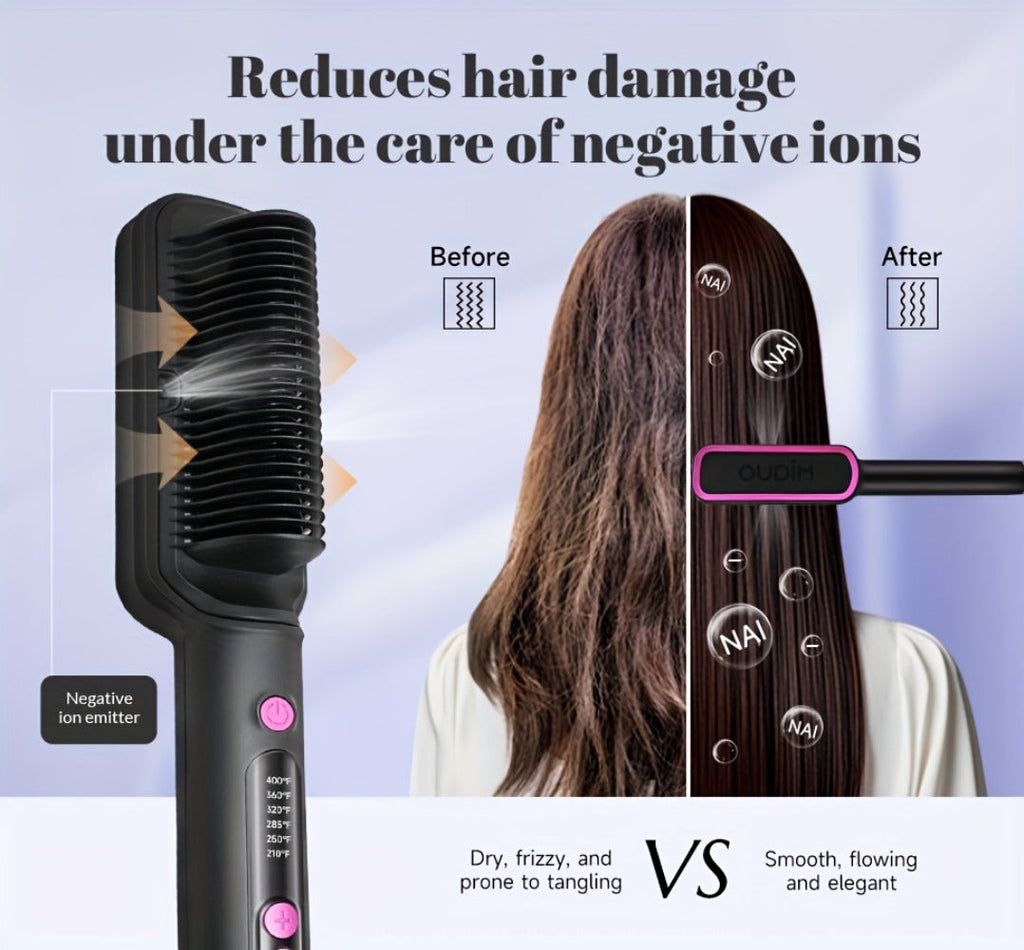 6-Setting Ionic Hair Straightener Brush with Fast Heat-Up & Anti-Scald Protection, for Home, Travel and Salon Hair Styling — 