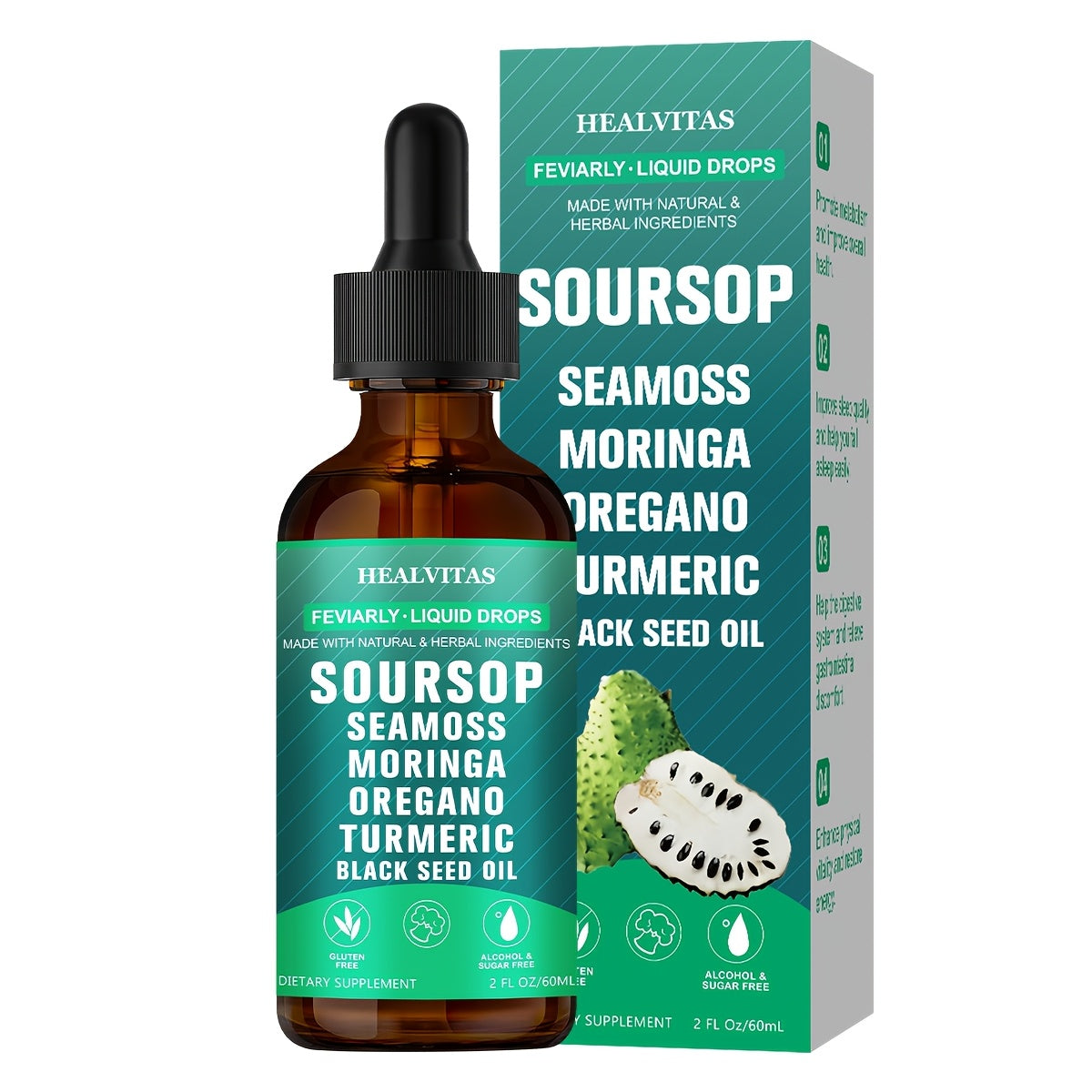 Soursop Bitters Liquid Supplement 2oz 10-in-1 with Seaweed Moringa Turmeric Black Seed Oil & Oregano Herbal Extracts — image 