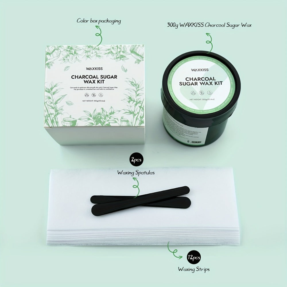 Sugar Wax Hair Removal Kit 300g – Gentle Soft Wax with Strips & Sticks for Body Hair Removal, Lemon or Activated Carbon Formu