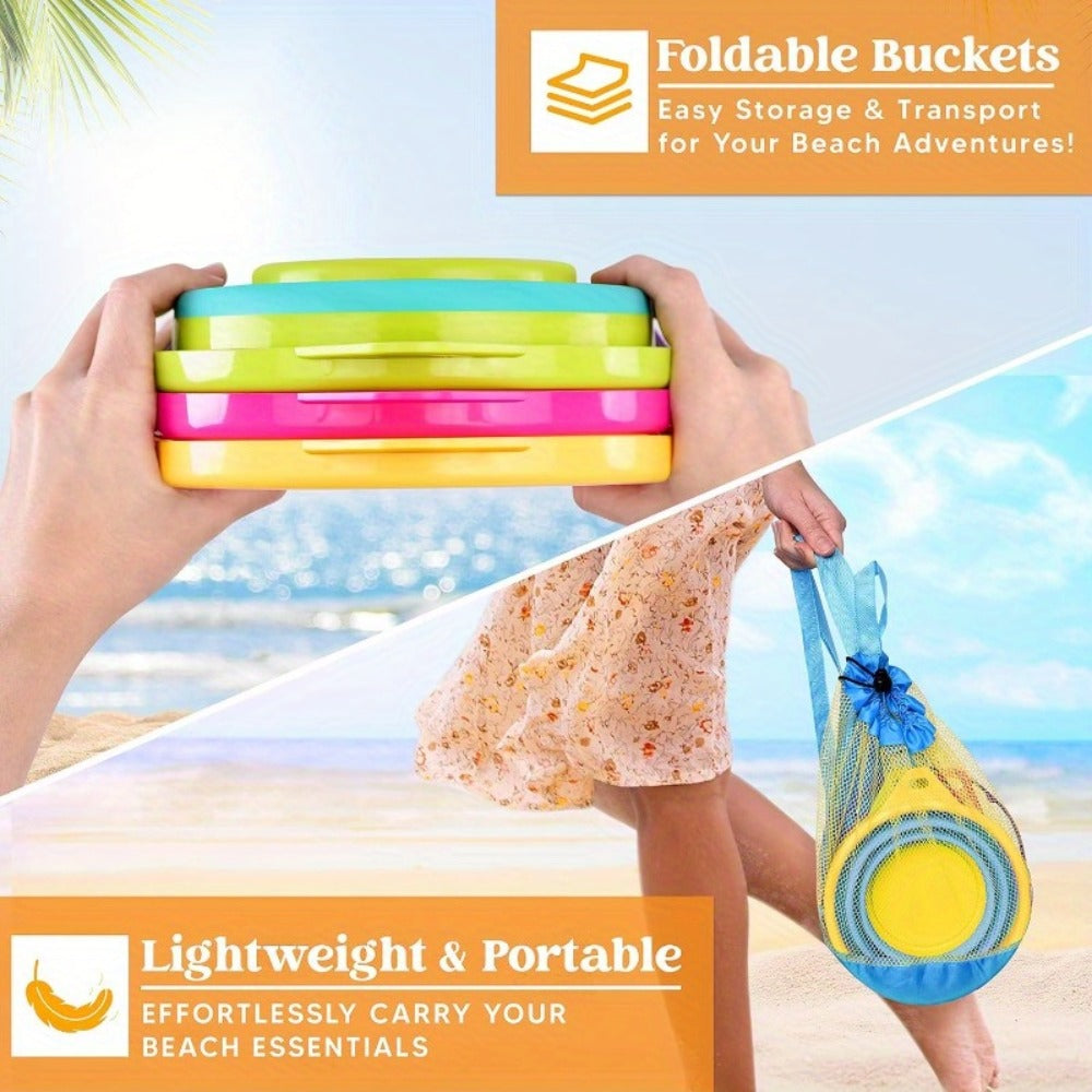 Collapsible Beach Bucket Set 3-Pack with Shovels & Mesh Backpack, Foldable Sand Pail Kit for Kids — image 8