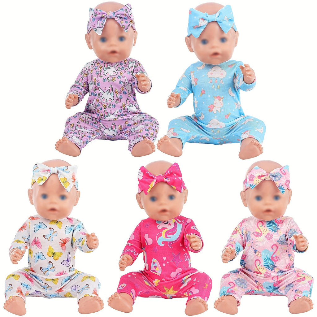 5-Pack Baby Doll Outfits Romper Clothes Set with Headbands for 14-16 Inch with the Listed Color, Size or Set Options for Ever