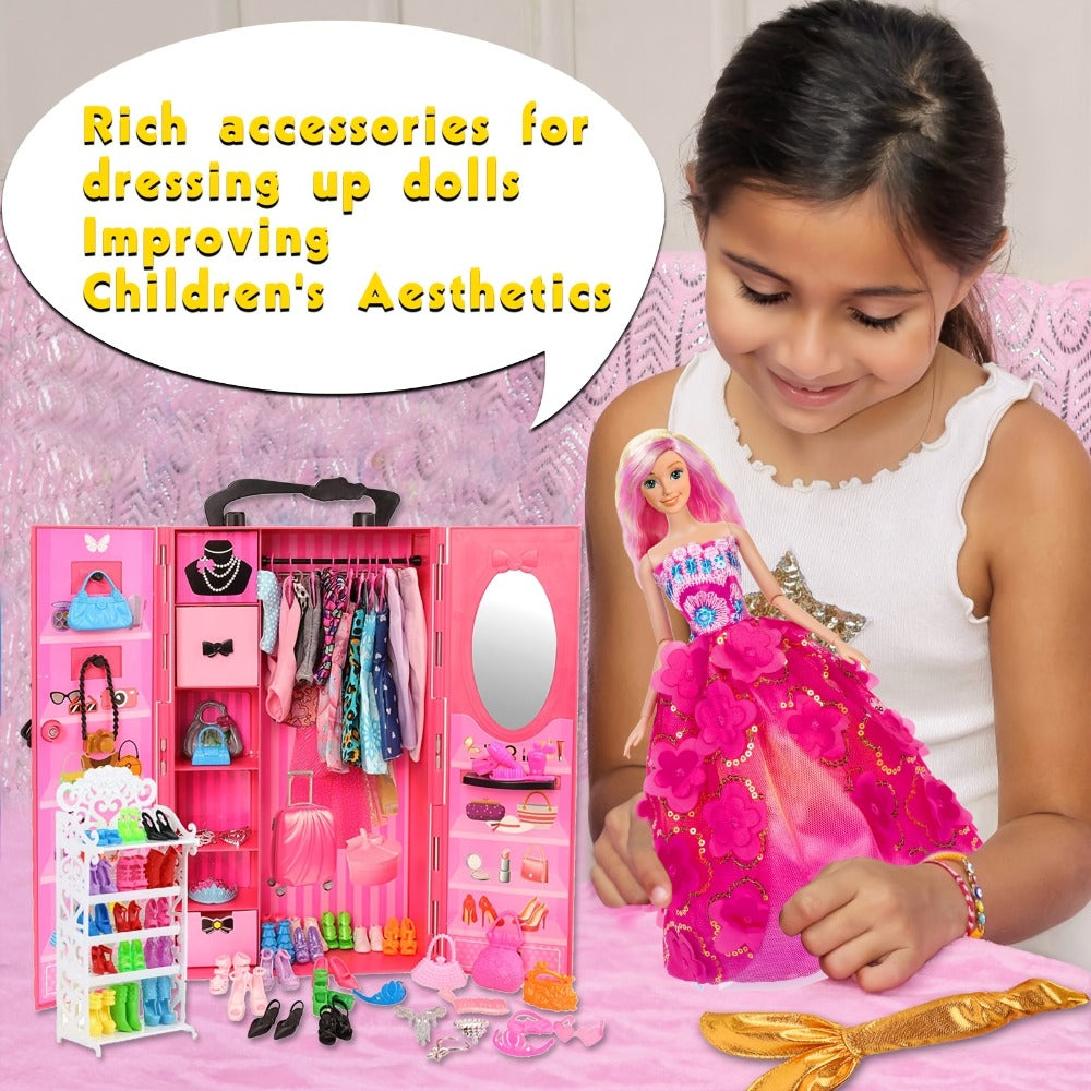 Doll Closet Playset 105 Piece Rose Wardrobe for 11.5 Inch Dolls, Wedding Gowns Fishtail Dress Swimsuit Shoes Handbags Crowns 