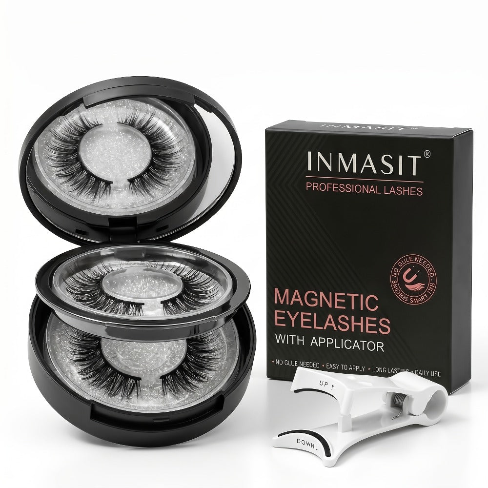 INMASIT Magnetic False Eyelashes Set with Round Storage Case and Applicator in Black or Pink — image 3