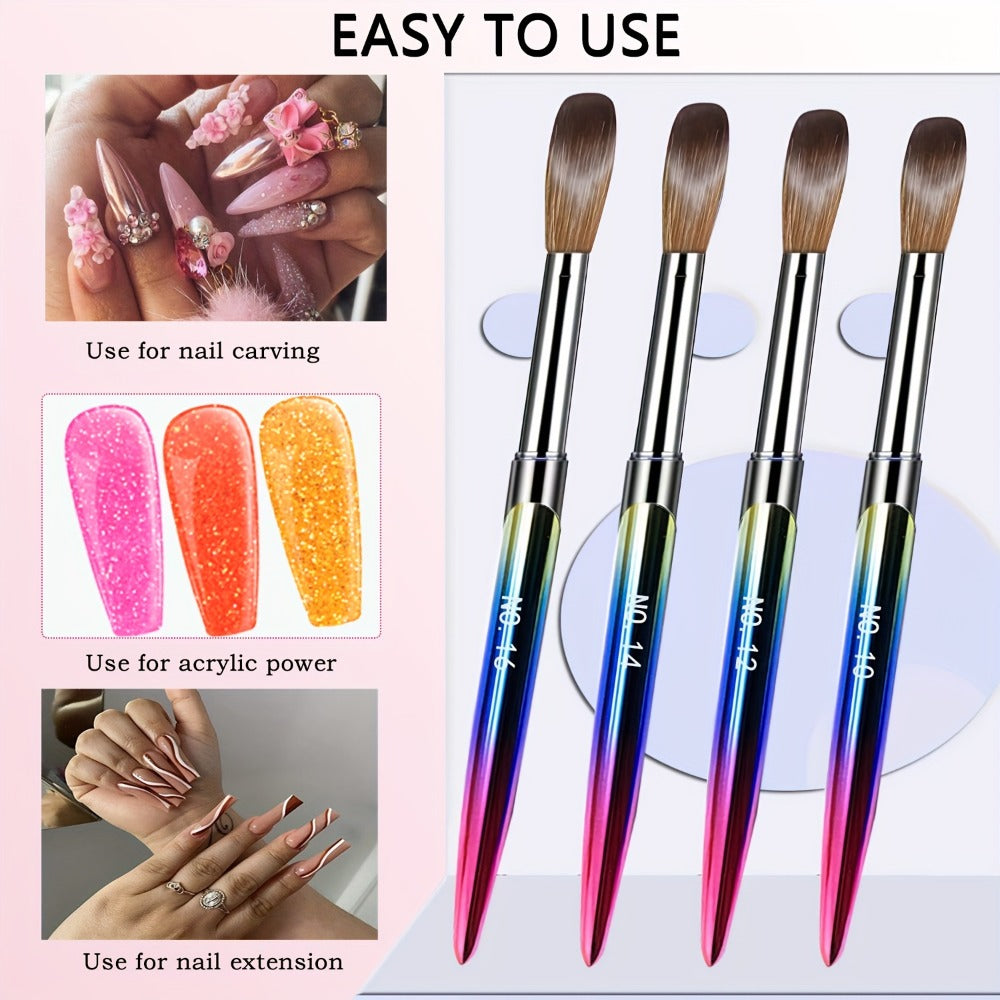 Kolinsky Acrylic Nail Brush Set 4Pcs – Sizes 10 12 14 16 for Acrylic Powder Application, Nail Extensions & 3D Nail Art Carvin
