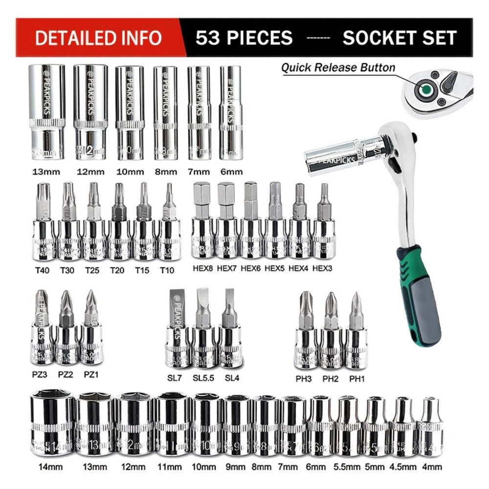 Mechanic Tool Kit Auto Repair Socket Set 1/4" 3/8" 1/2" Drive Ratchet Wrench Combination – 53 to 216-Piece Professional Grade