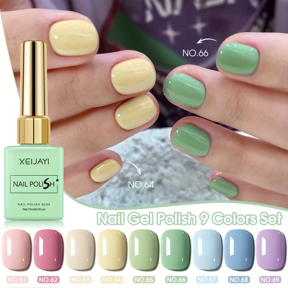 Gel Nail Polish 9-Color Macaron Pastel Set in Square Bottles with High-Saturation Finish and UV/LED Cure for Nail Art — image