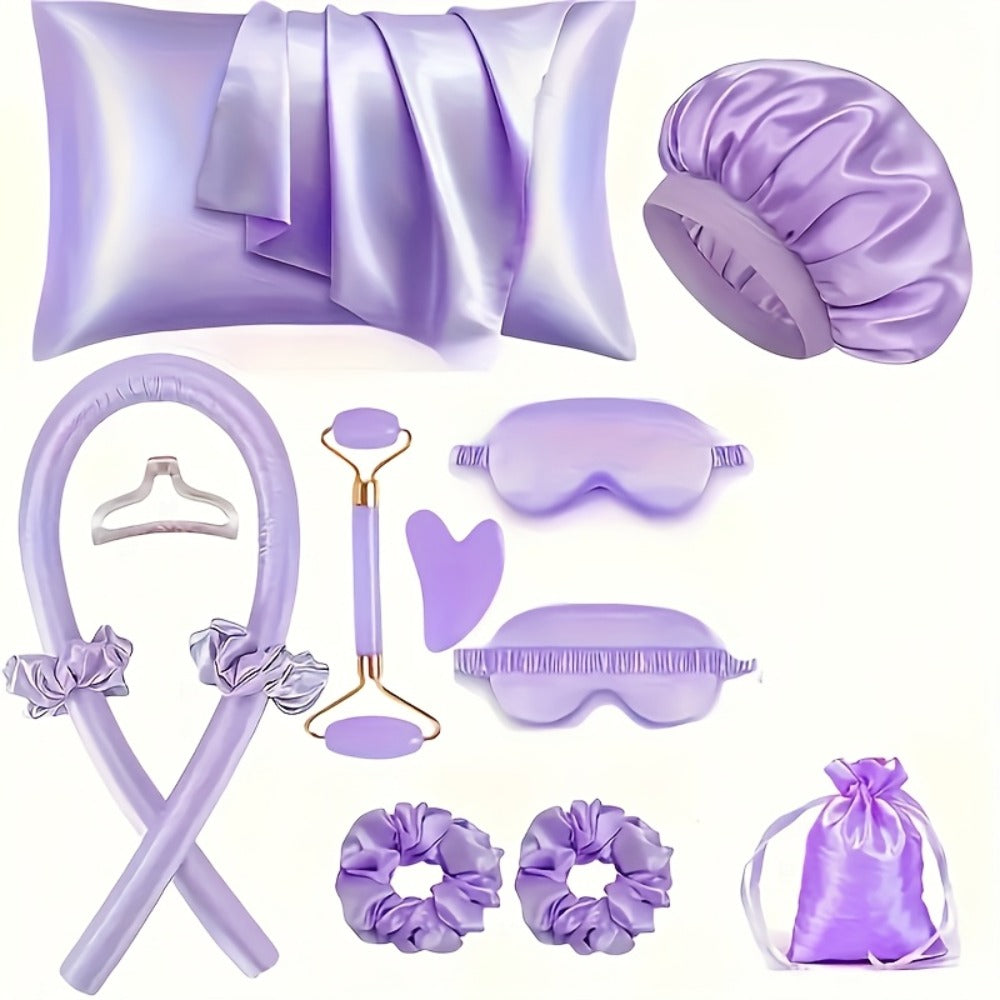 Heatless Curling Set 12pcs Overnight Sleep Hair Curlers Satin Sleep Cap Eye Mask Facial Roller Hairband Storage Bag No Heat D