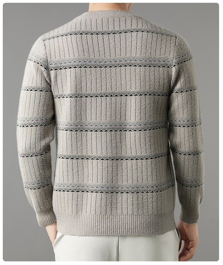 Mens Knitted Fleece-lined Thick Crew-neck Faux Mink Sweater