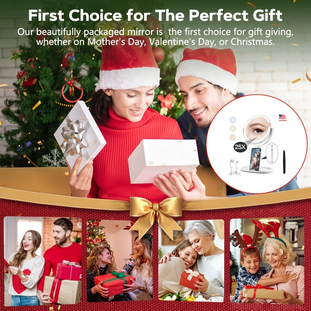 Makeup Mirror with Lights, 8-Inch Dual-Sided 1X and 25X with 80 LEDs, Three Light Colors, Touch Control and USB-C Charging — 
