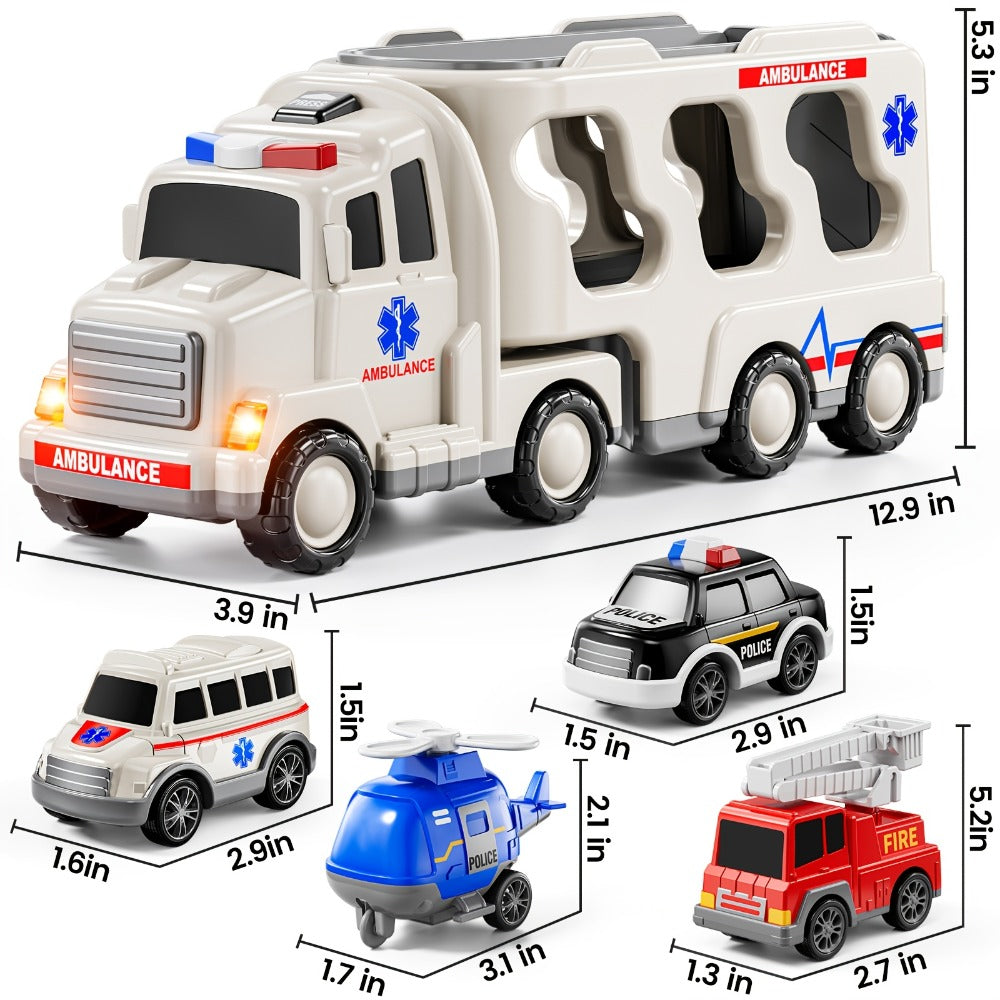 Ambulance Truck Toy Set for Boys, 5-in-1 Friction Power Carrier Truck with Lights & Sounds — image 2