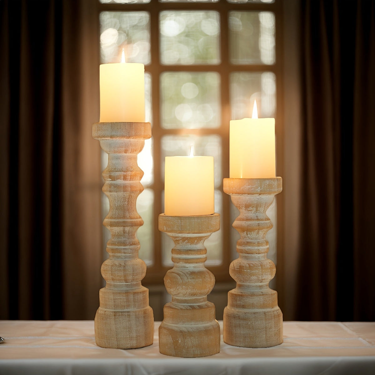 Candle Holder Set of 3 Graduated Brown Wood Pillar Stands with Turned Farmhouse Profiles for Tabletop Displays — image 4