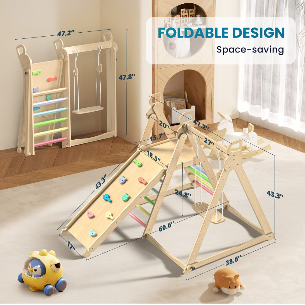 Foldable Indoor Wooden Jungle Gym for Toddlers, 4-in-1 Climbing Frame with Swing, Slide & Ladder — image 5
