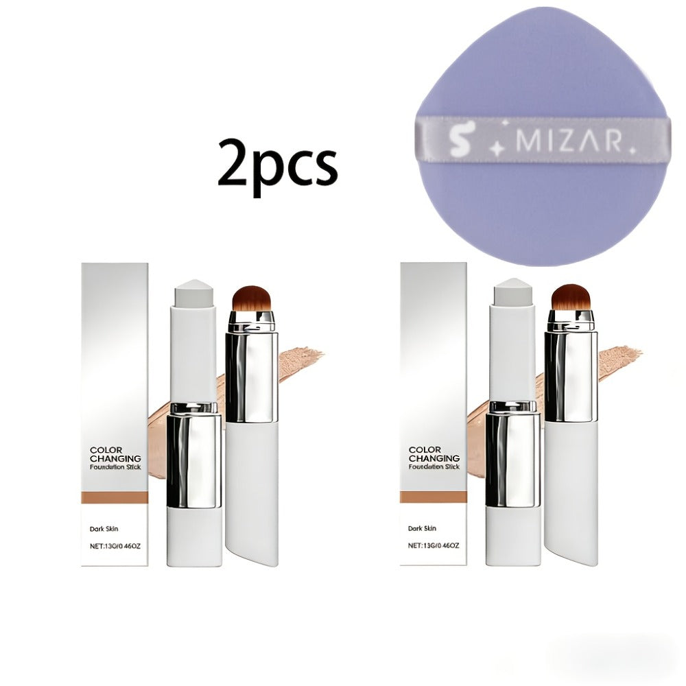 Skin Tone Adapting Color-Changing Foundation Stick 2-Piece with Built-In Brush & Puff – Lightweight Matte Finish Sheer to Bui
