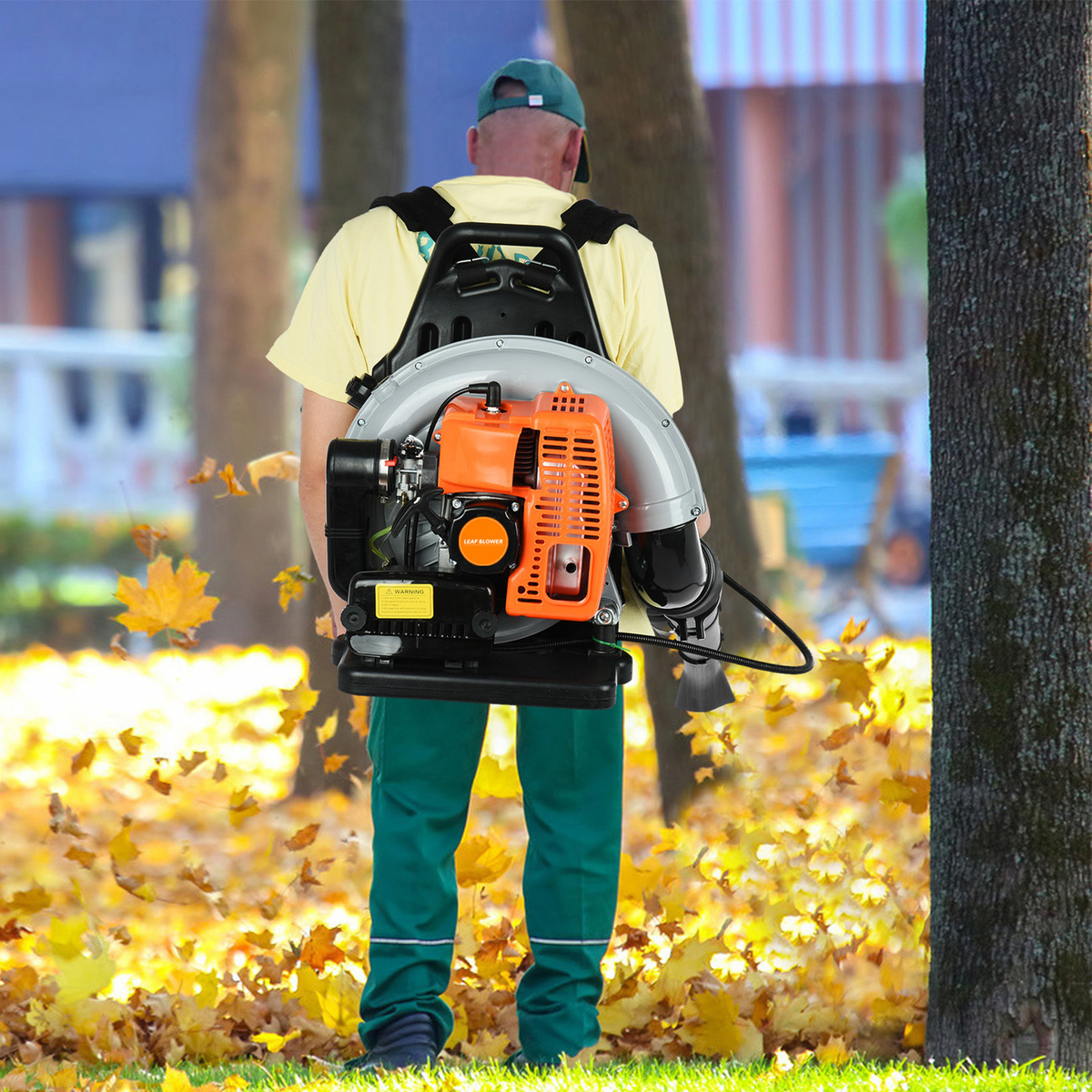 Backpack Gas Leaf Blower in Orange with 2-Stroke Engine Label, Flexible Elbow, Long Tube and Control Handle — image 10