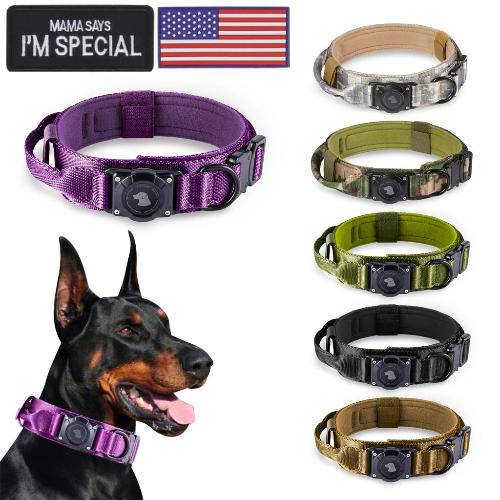 Tactical Dog Collar with Handle and Round Tracker Holder Case in Nine Colors and Sizes M to XL — image 1
