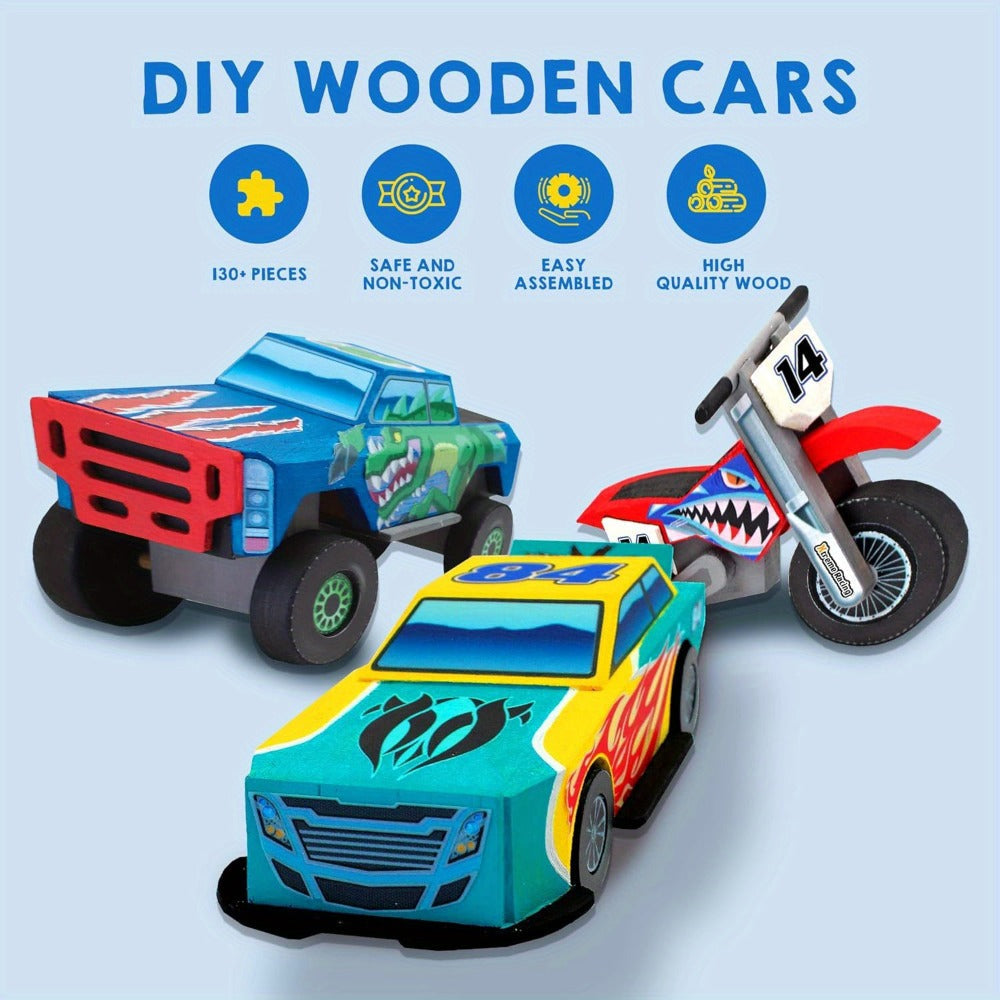Build and Paint Wooden Vehicle Kit for Kids 144 Pieces, Race Car Motorcycle Monster Truck, 12 Colors 3 Brushes Racing Decals 