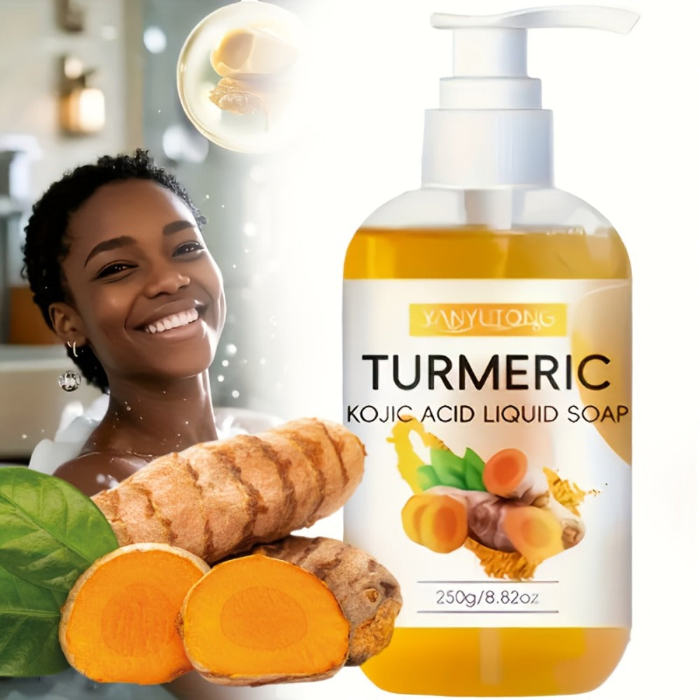 Turmeric Kojic Acid Liquid Soap 250g – Skin Brightening Body Wash for Dark Spots, Even Skin Tone, Deep Cleansing Rich Foam — 