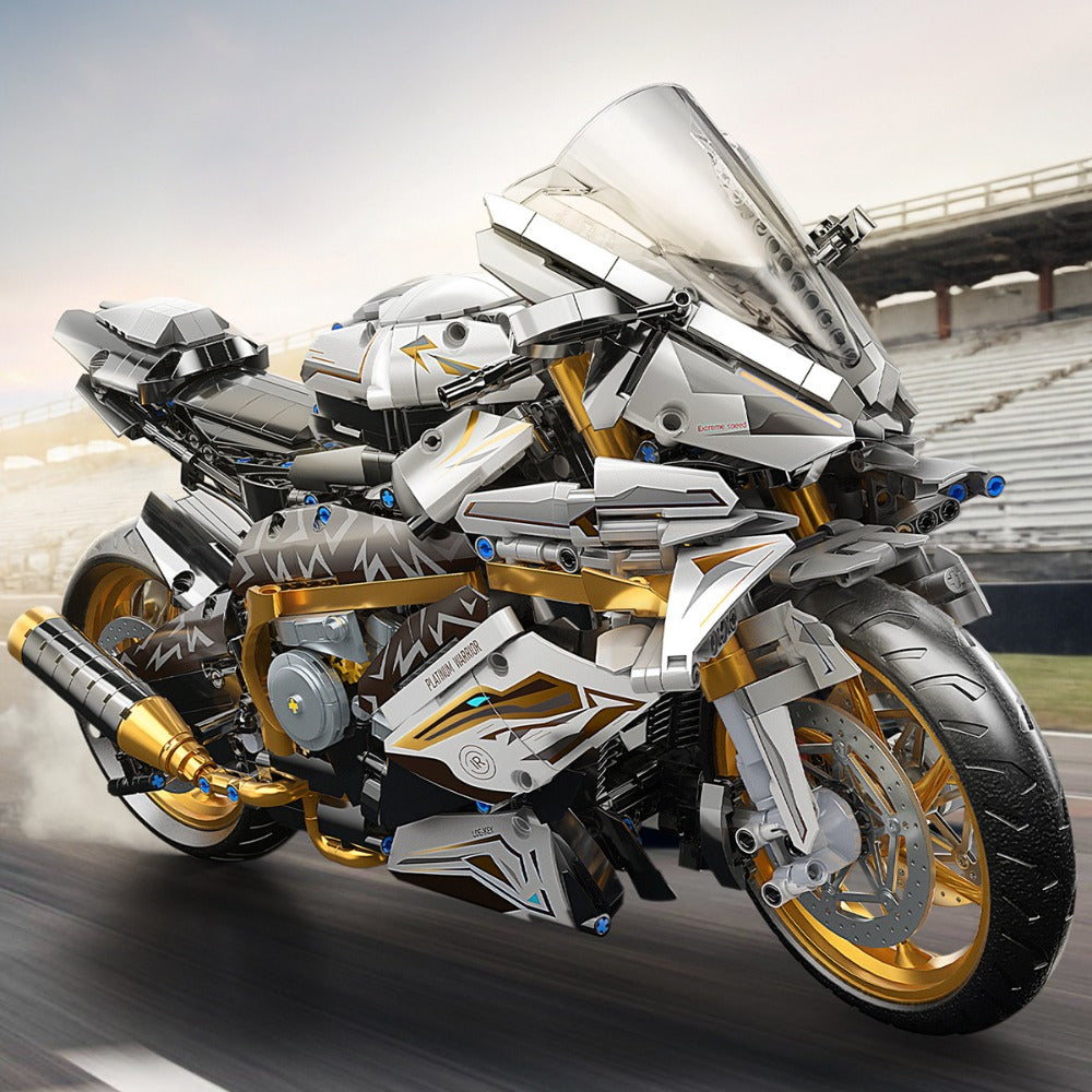 Motorcycle Building Blocks Model Kit 1:5 Scale 2000+ Pieces, Platinum Gold & White Collectible Brick Motorbike Display Set — 