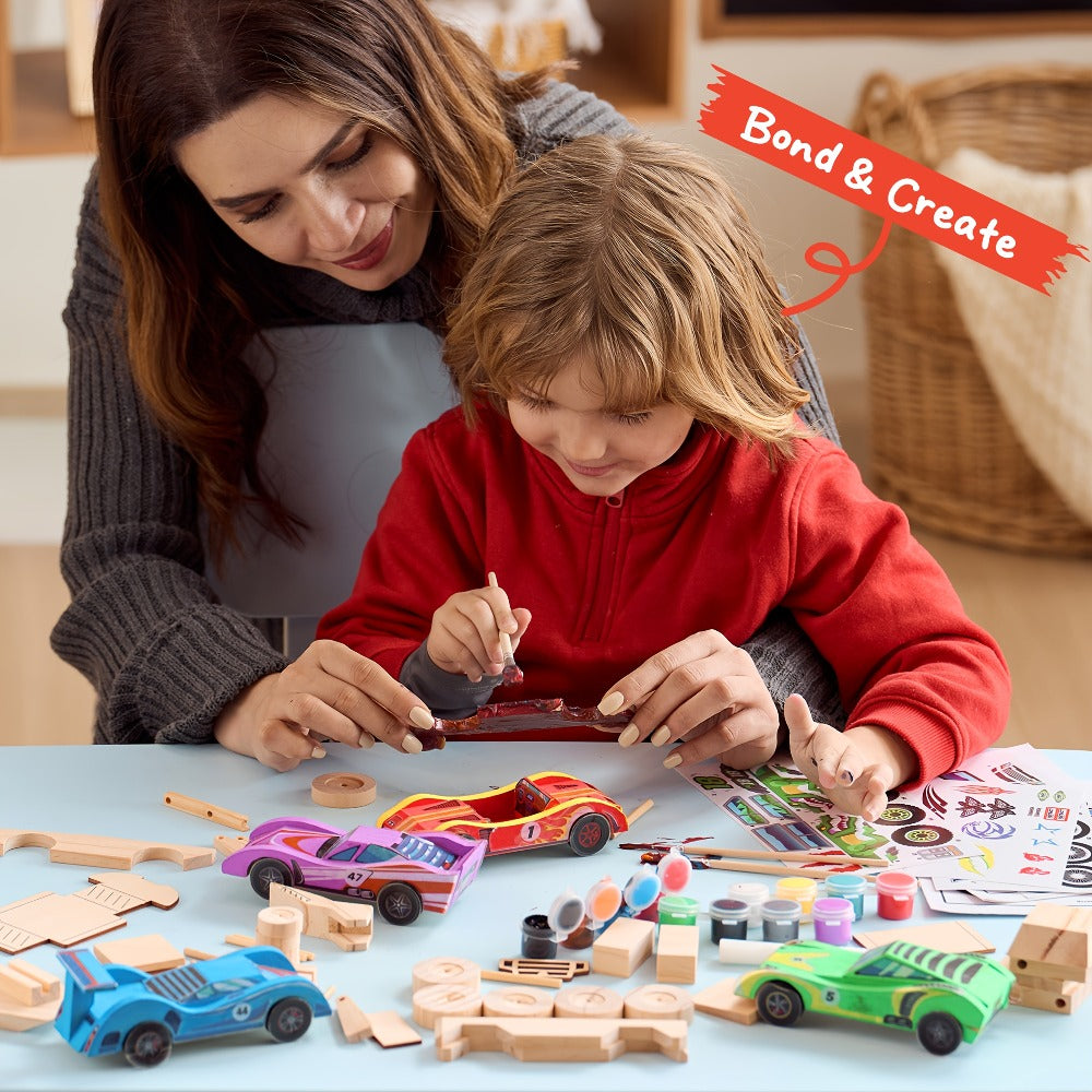 DIY Wooden Race Cars 4pcs Build & Paint Kit for Kids Ages 8+, 44 Pre-Cut Pieces 12 Colors Racing Stickers — image 5