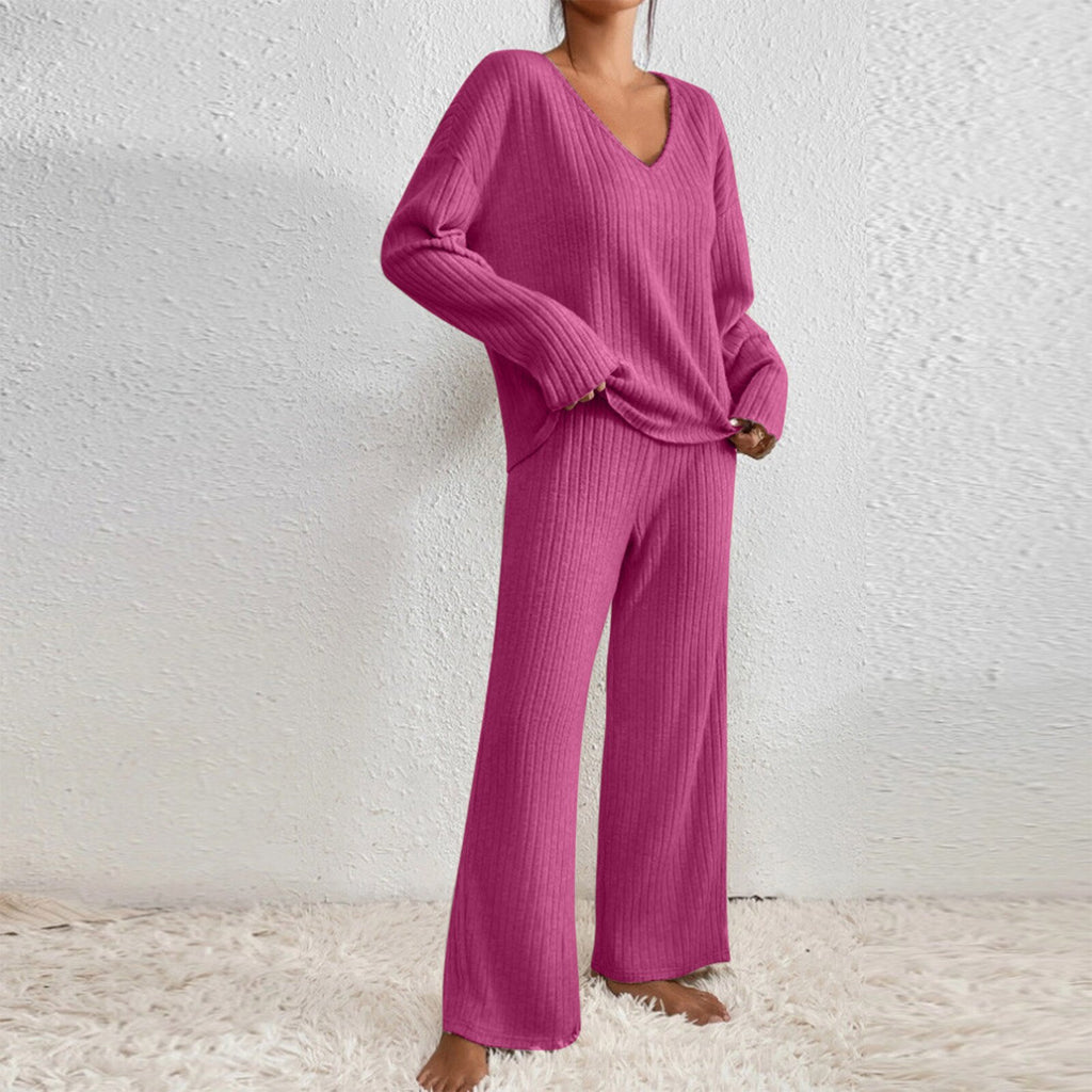 Long Sleeve V-neck Knitted Sunken Stripe Brushed Loose Leisure Suit