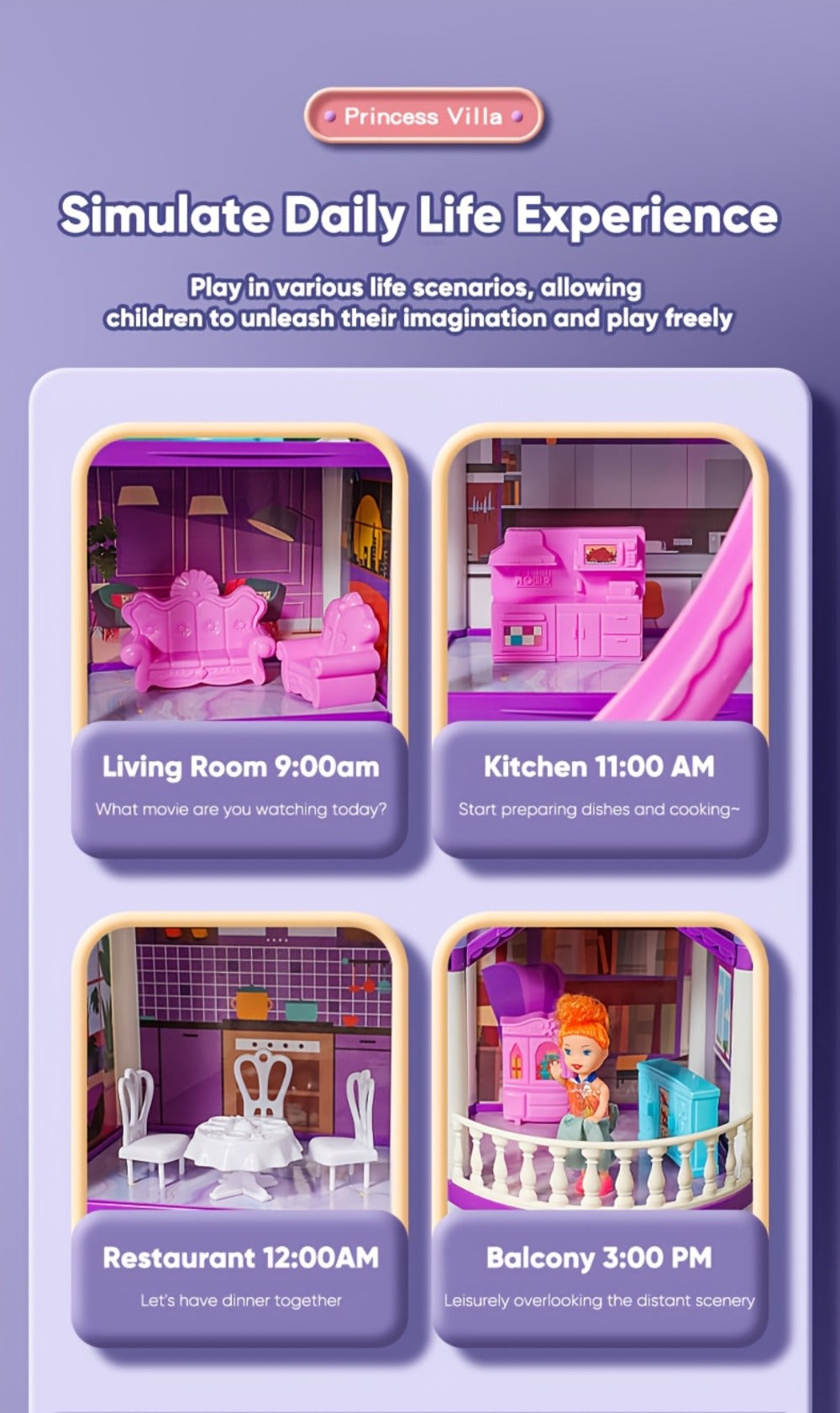 LED Dollhouse Playset for Girls, Purple Multi-Room Playhouse with Doll Figures, Puppies, Furniture & LED Lighting — image 19