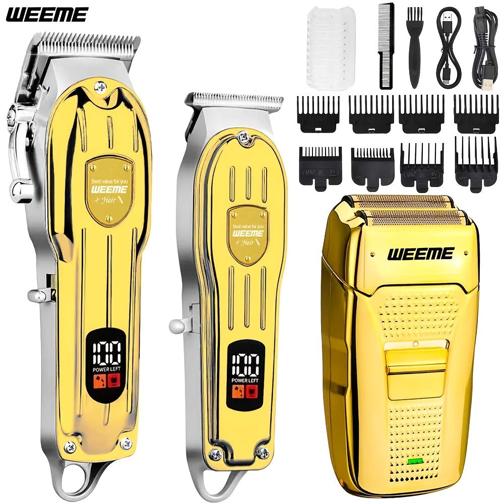 T-Blade Hair Clipper Set for Men – Golden Series USB Rechargeable Trimmer Kit with Guide Combs & Cleaning Brush, 1pc 2pcs 3pc
