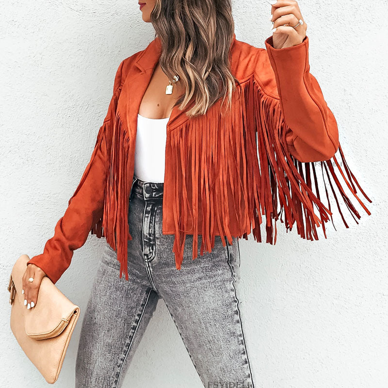 European And American Women's Clothing Jacket Leather Coat Deerskin Velvet Elegant Lapel Tassel Short Coat For Women Autumn And Winter New