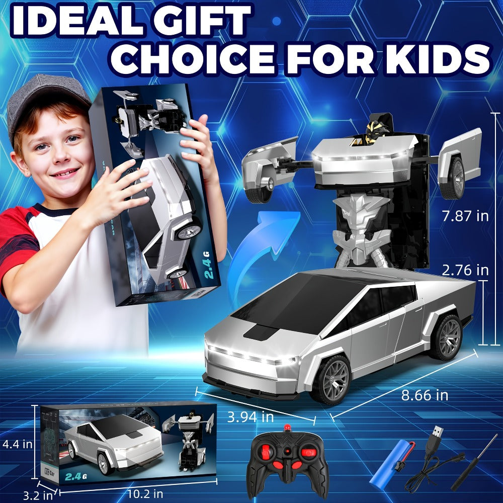 Remote Control Car, Spider-Man Pattern 1:18 Transforming Robot Vehicle with One-Button Change, LED Lights and Three Colors — 