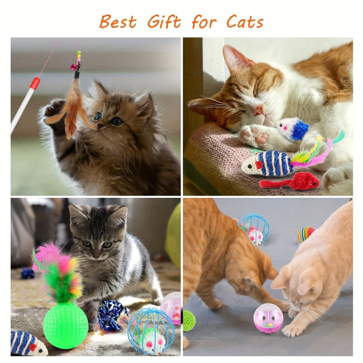 Cat Toy 32-Piece Assortment with Rainbow Tunnel, Feather Wand, Bell Balls, Mice and Crinkle Toys — image 3