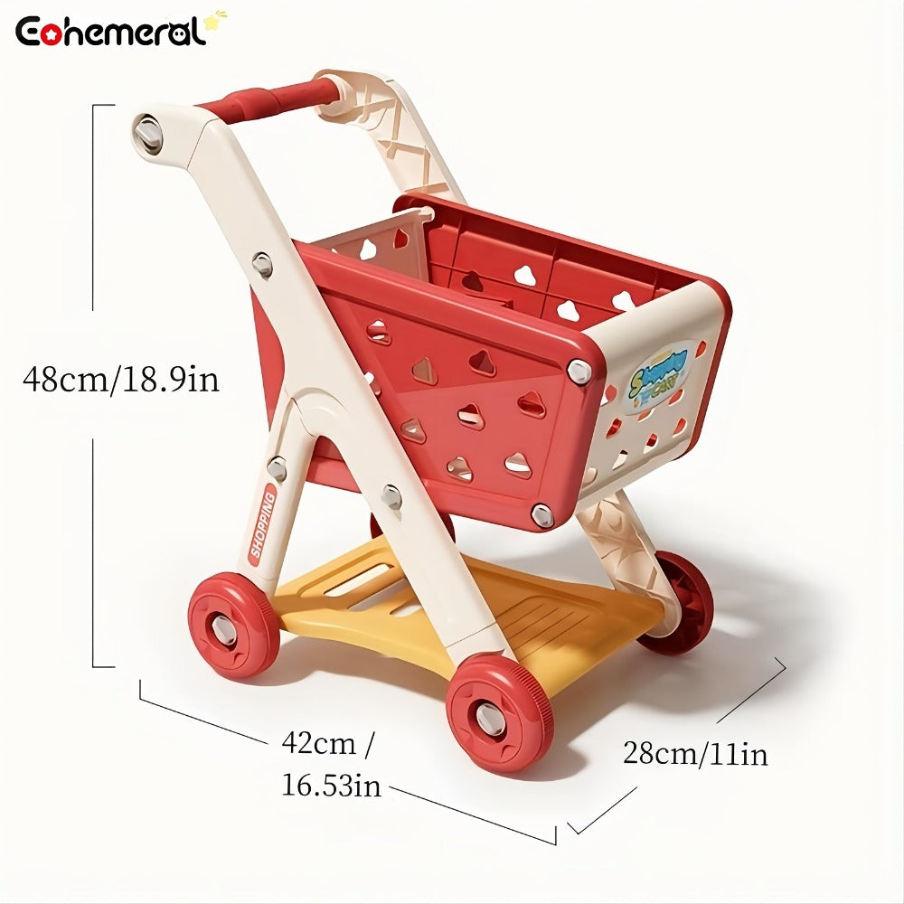 Kids Pretend Play Shopping Cart Toy Set with Realistic Food & Grocery Accessories, Supermarket Role Play for Toddlers Girls B