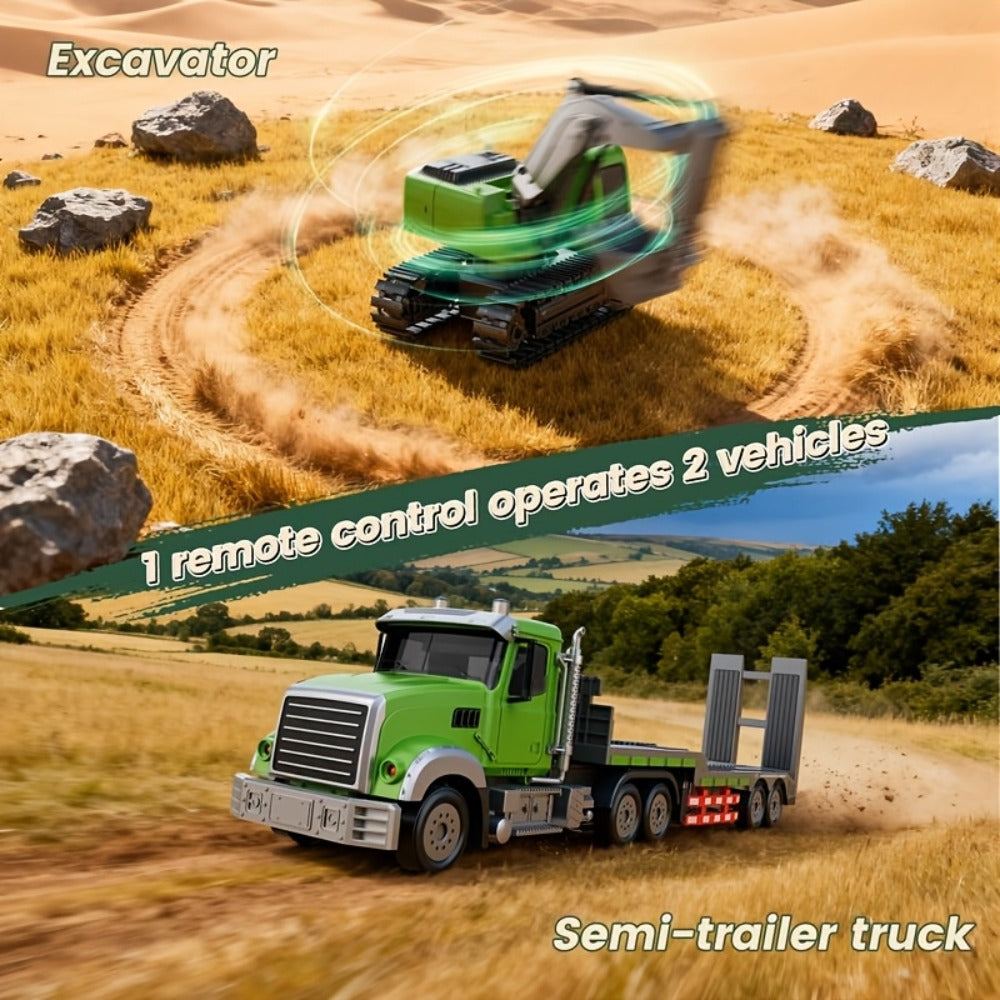 RC Semi Truck with Flatbed Trailer & Alloy Excavator Set 1:12 Scale, 11-Channel Dual Control, Sound & Lights — image 5