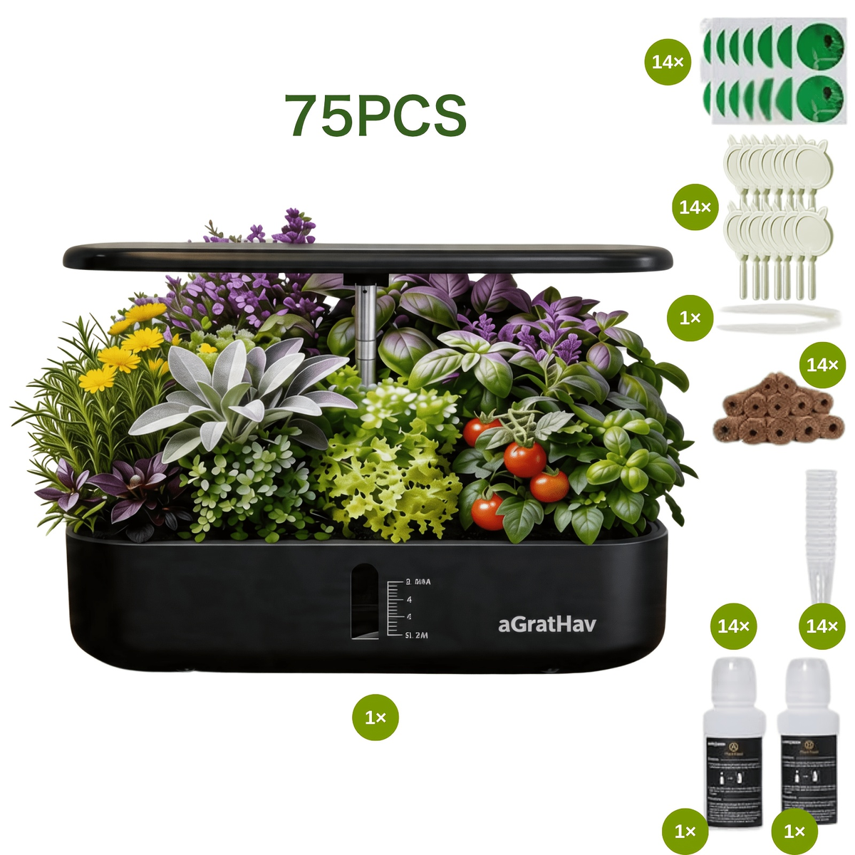 Hydroponic Garden Kit 14-Pod with LED Grow Light – Smart Timer, Quiet Pump & 1.32 Gal Tank, 75-Piece Indoor Herb Garden Syste